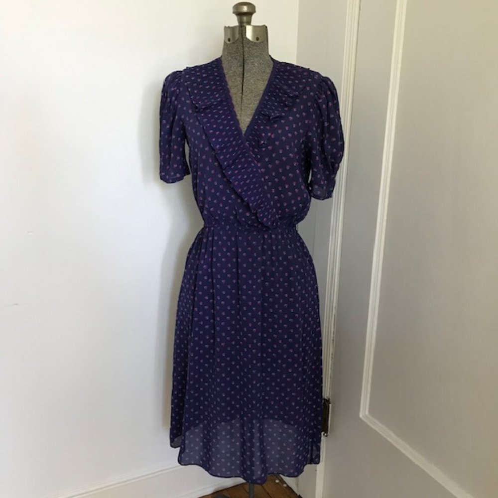 VINTAGE 80s Purple Chiffon Forget-Me-Not Dress